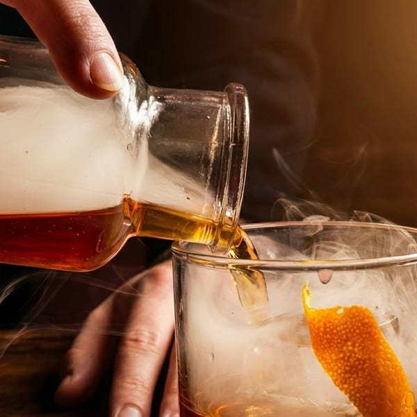 A bartender pours a smoky amber cocktail from a decanter into a glass with ice and orange peel.