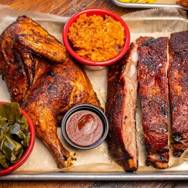 A metal tray with a whole roasted chicken, ribs, collard greens, rice, and barbecue sauce.