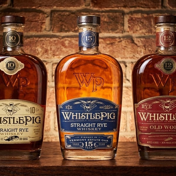 Three bottles of WhistlePig Rye Whiskey, 10, 15, and 12-year, displayed on a wooden shelf.