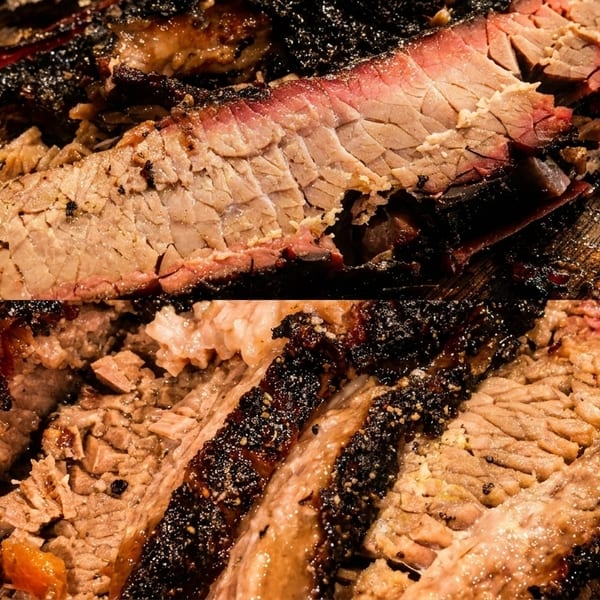Close-up of sliced smoked brisket with a dark, crispy bark and pink smoke ring.
