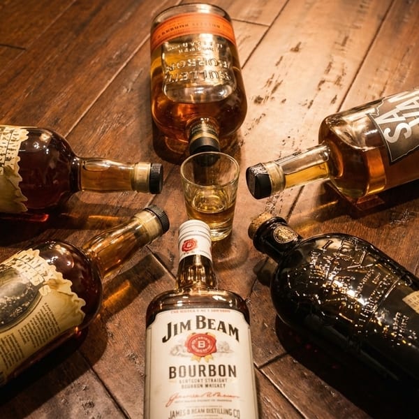 Various bourbon bottles, including Jim Beam, and a shot glass arranged on a wooden floor.
