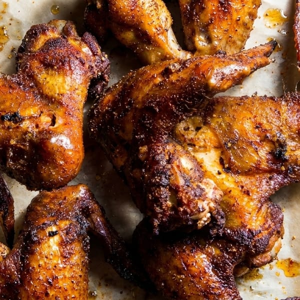 Crispy, golden-brown chicken wings with visible seasoning and glistening fat on parchment paper.