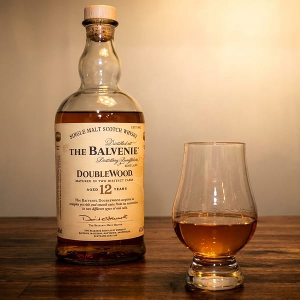 A bottle of Balvenie DoubleWood 12-year-old Scotch whisky next to a glass with amber liquid.