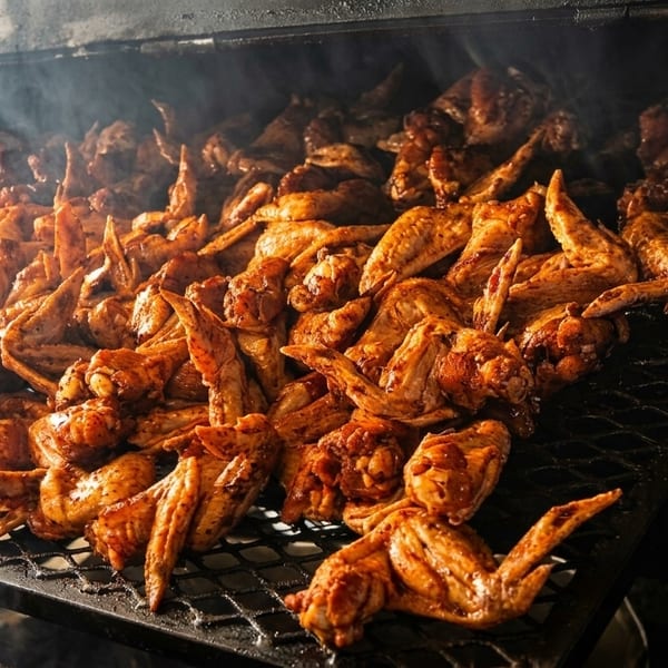Smoked chicken wings cooking on a grill with visible smoke rising from the food.