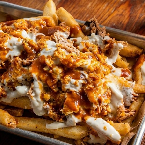 Loaded fries with pulled pork, cheese sauce, and barbecue sauce in a metal tray.