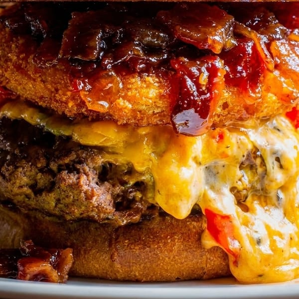Close-up of a gourmet burger with melted cheese, crispy onion rings, and caramelized onions.