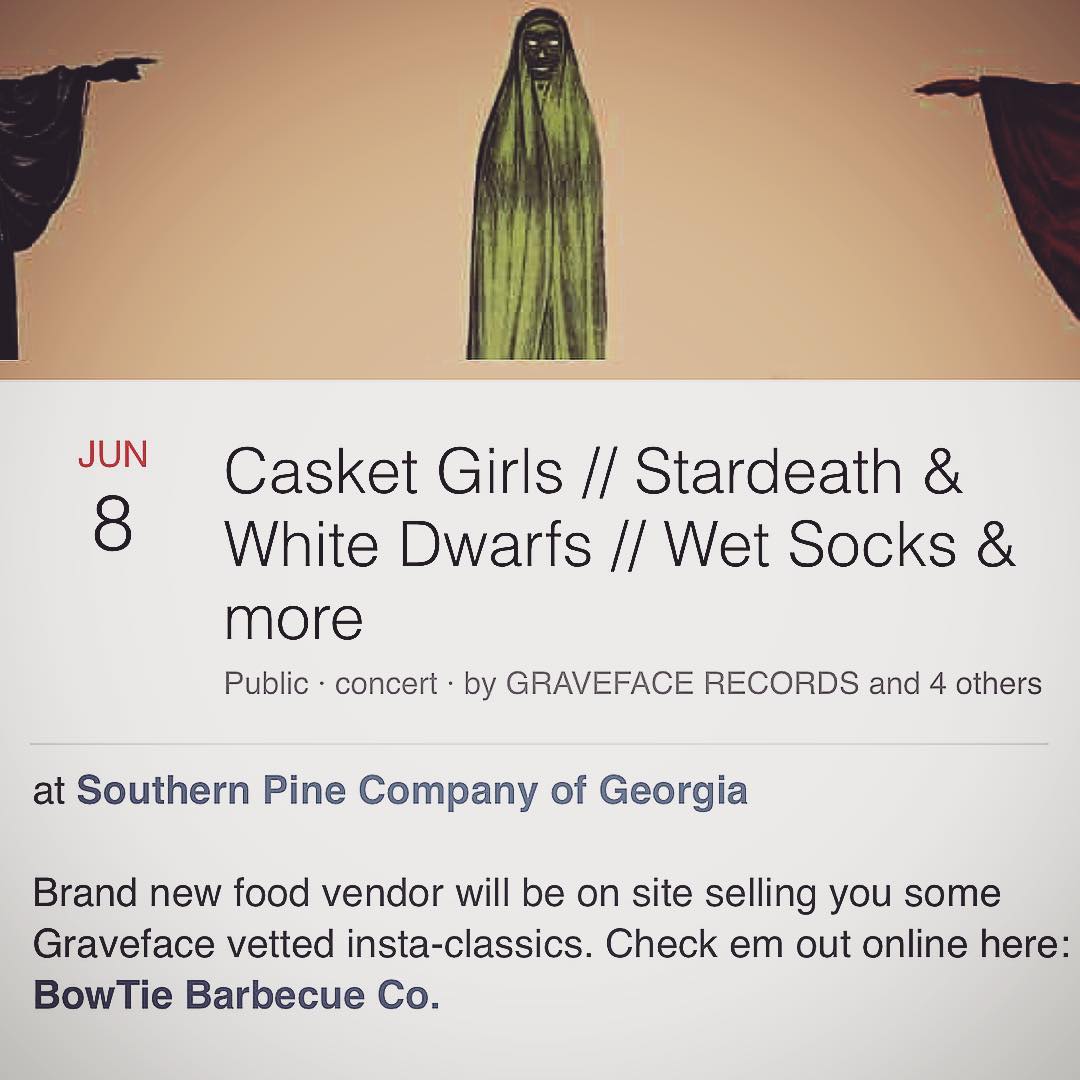 We're excited to be the featured vender for the kick off to the #gravefaceroadshow2016 at #SouthernPineCo. We're gonna be slinging our spin on Tacos de Panza, Chicken Tinga Tacos, and Barbecue Jackfruit (vegetarian!) Tacos. Gonna have some fantastic live music as well. @casketgirls will be releasing their new album as well. Grab tickets asap! Cheers! #barbecue #smoke #bowtiebarbecueco #bbq #tacos #vegetarian #tacosdepanza #chickentinga #bbqjackfruit #homemadetortillas #graveface #gravefacerecords @graveface_sav @graveface_recs @whattodoinsavannah @visitsavannah @southernpinecompany