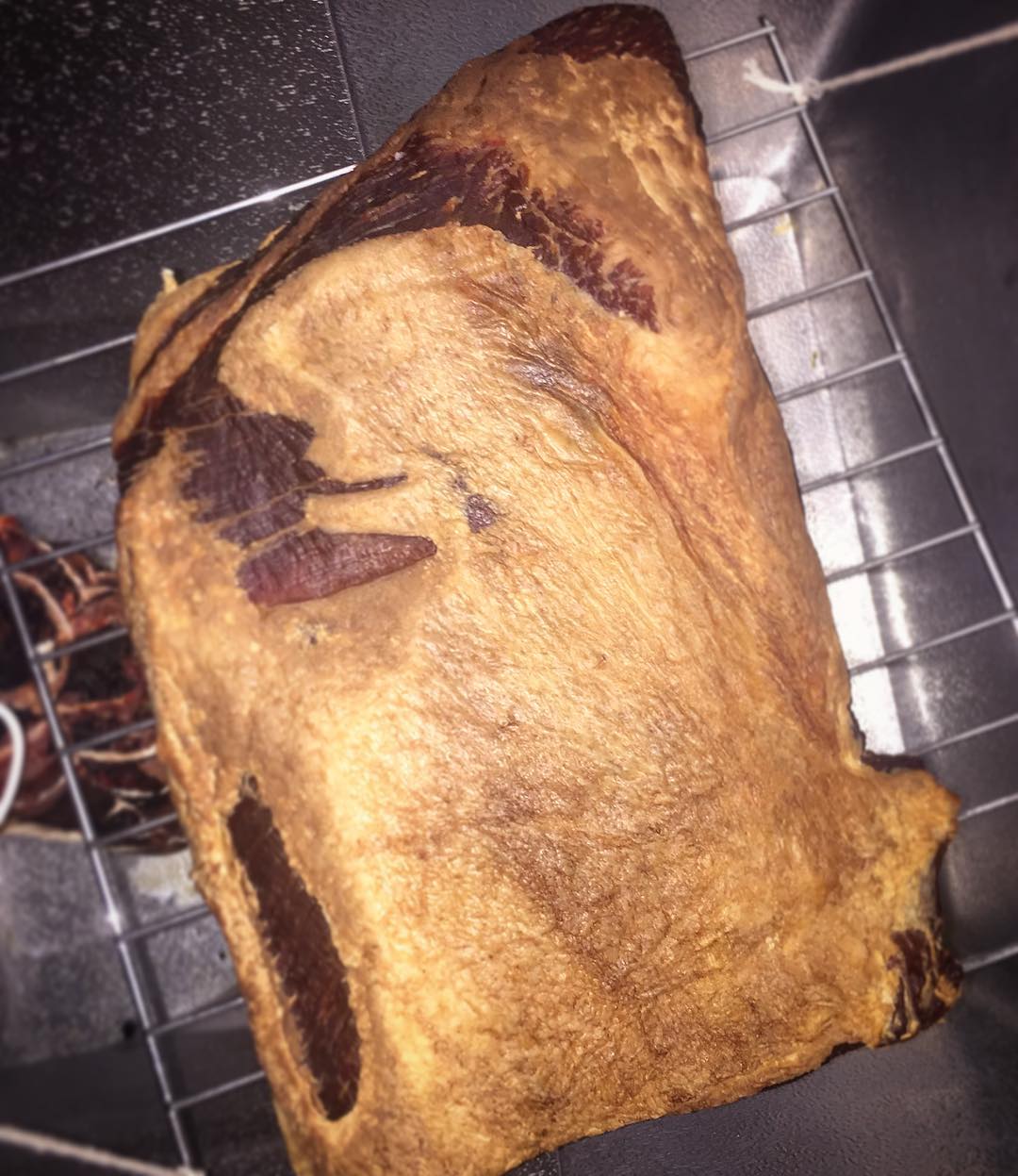 Our buddy Smith has been dry aging a brisket for us to smoke. This is gonna be awesome. We're at 14 days right now! @sav_brewmaster #brisket #dryaged #dryagedbeef #dryagedbrisket #smokedbrisket #bbq #barbecue #bowtiebarbecueco #bowtiesarecool #beef #cow #moo #dryagedmeat #dryagedmeatlocker #bbqbrisket