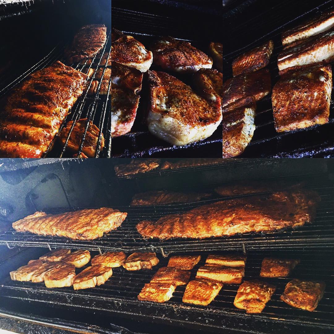 MEAT. Ribs, chops, and salmon. All about to come off...